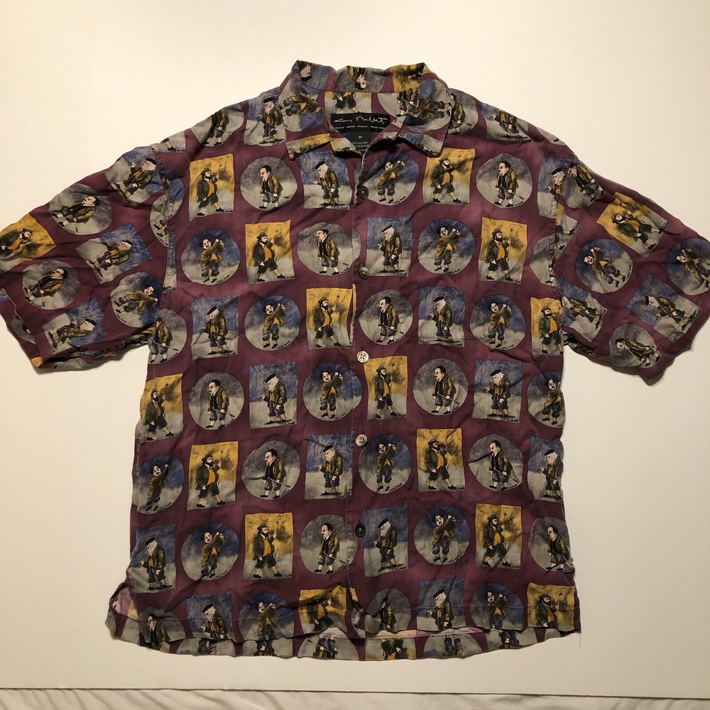 Guy Buffet Shirt Medium Hawaiian Golf Golfer Signature 100% Silk Mens Painting